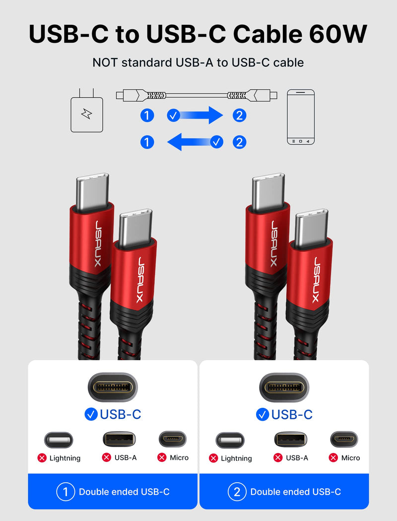  [AUSTRALIA] - USB C to USB C Cable 60W, JSAUX[2-Pack 6.6ft]USB Type C Charger Fast Charging Braided Cord Compatible with Samsung S22 Plus/S22 ultra/S21/S20/a52, iPad Pro 12.9 5th/Air 4/Mini, Google Pixel 6 Mac-Red 6.6ft+6.6ft Red