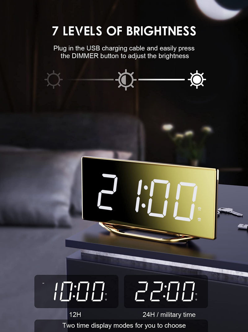  [AUSTRALIA] - Digital Dual Alarm Clock with USB Charger for Bedroom,8.7" Large LED Mirror Display Bedside Clock with Battery Backup,Loud Alarm Clock for Heavy Sleepers,Dimming Mode,12/24H,Snooze,Office Decor Gold
