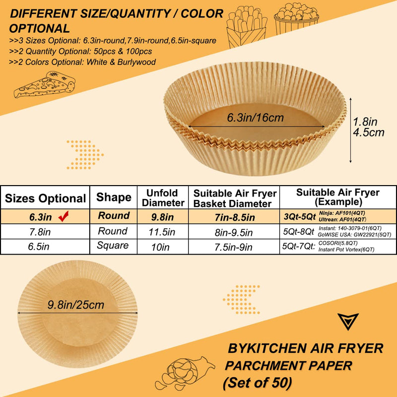  [AUSTRALIA] - BYKITCHEN Air Fryer Disposable Paper Liner, 6.3 inch Inner Diameter&7.8 inch Outer Diameter, 50PCS Nonstick Round Parchment Paper for Air Fryer, Compatible with Ninja, Chefman, PowerXL and More Round-50pcs-6.3inch Burlywood