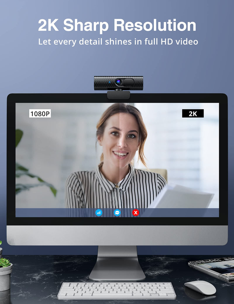  [AUSTRALIA] - 2K Webcam with Dual Microphones, FHD 1080P/60fps Web Camera, Autofocus, 4X Digital Zoom, USB 2.0 Streaming Webcam with Tripod and Cover Slide for PC, Laptop, Mac, Zoom, Skype, YouTube