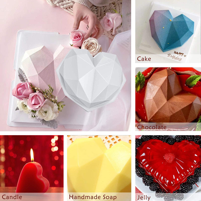  [AUSTRALIA] - Diamond Heart Silicone Mold, Heart Molds for Chocolate 9 pcs Love Mousse Cake 3D Baking Pan Set with Wood Hammers Letter Number Mold Trays Non-Sticky Cookie Dessert Mould for Home Kitchen Diy Tools