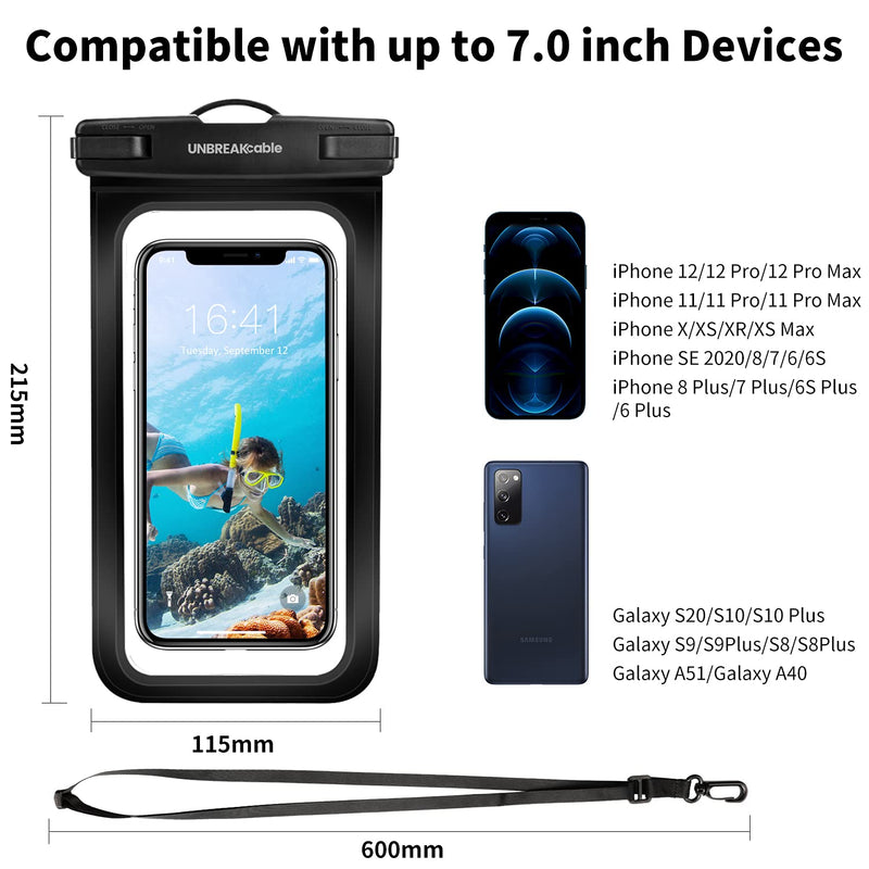  [AUSTRALIA] - UNBREAKcable Universal Waterproof Pouch, IPX8 Waterproof Dry Bag Underwater Case for iPhone 12 Pro Max/11/Xs Max/XR/X/8 Plus Galaxy Pixel up to 7", for Beach Kayaking Travel or Bath-2 Pack, Black