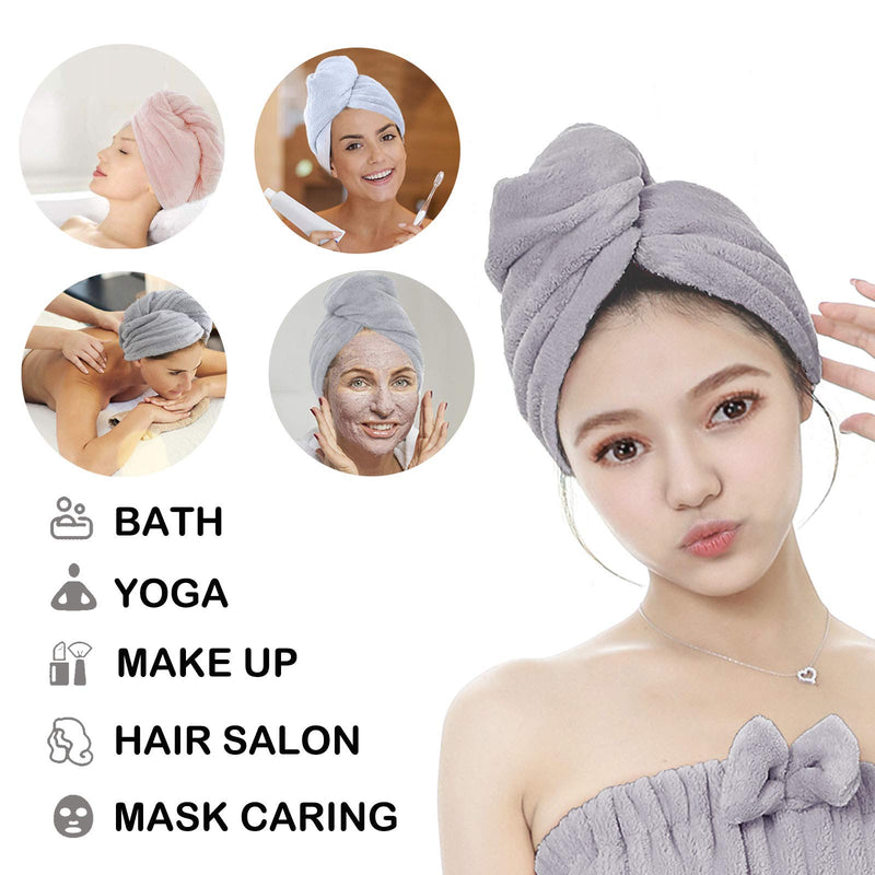 [AUSTRALIA] - Hair Towel Wrap for Women, Microfiber Hair Drying Towel Wrap with Button，Super Absorbent Hair Towel with Hair Brush (1 Dark Grey+1 Light Grey) 1 Dark Grey+1 Light Grey