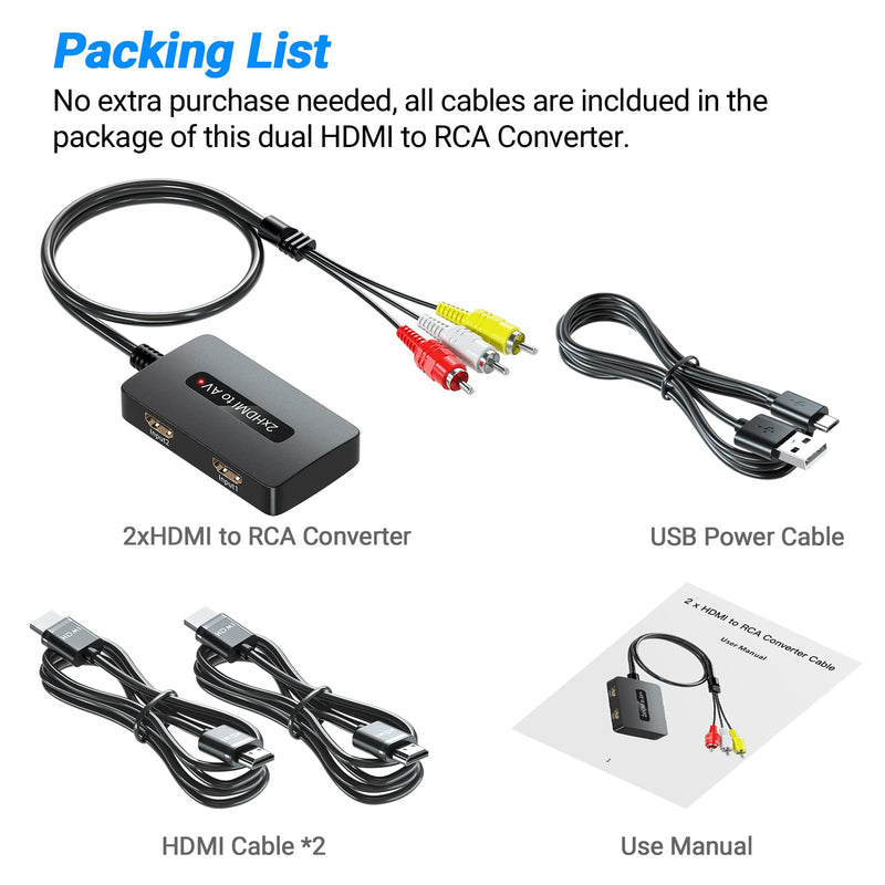  [AUSTRALIA] - 2 x HDMI to RCA Converter, Dual Port HDMI to AV for HDMI Devices to Display on Old TVs, Two HDMI in to Composite CVBS Converter