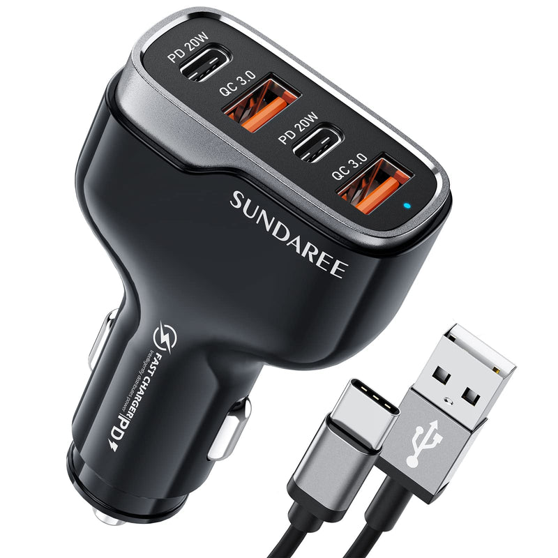  [AUSTRALIA] - 4 Ports USB C Car Charger with Plug Outlet, SUNDAREE Fast Charging Cigarette Lighter Adapter with 3.3FT Cable, Dual QC 3.0 18W & PD 20W Car Phone Charger for iPhone and Samsung & More - Black 40W-2A2C with Cable-CC53-Black