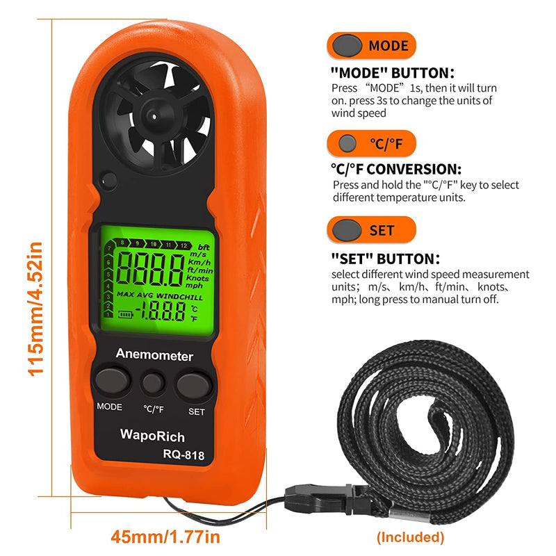  [AUSTRALIA] - Handheld Wind Meter WapoRich RQ-818, Digital LCD Backlight Wind Speed Meter Mini Wind Meter for Measuring Wind Speed/Temperature Portable Wind Meter for Surfing RQ-818 Mini Wind Meter