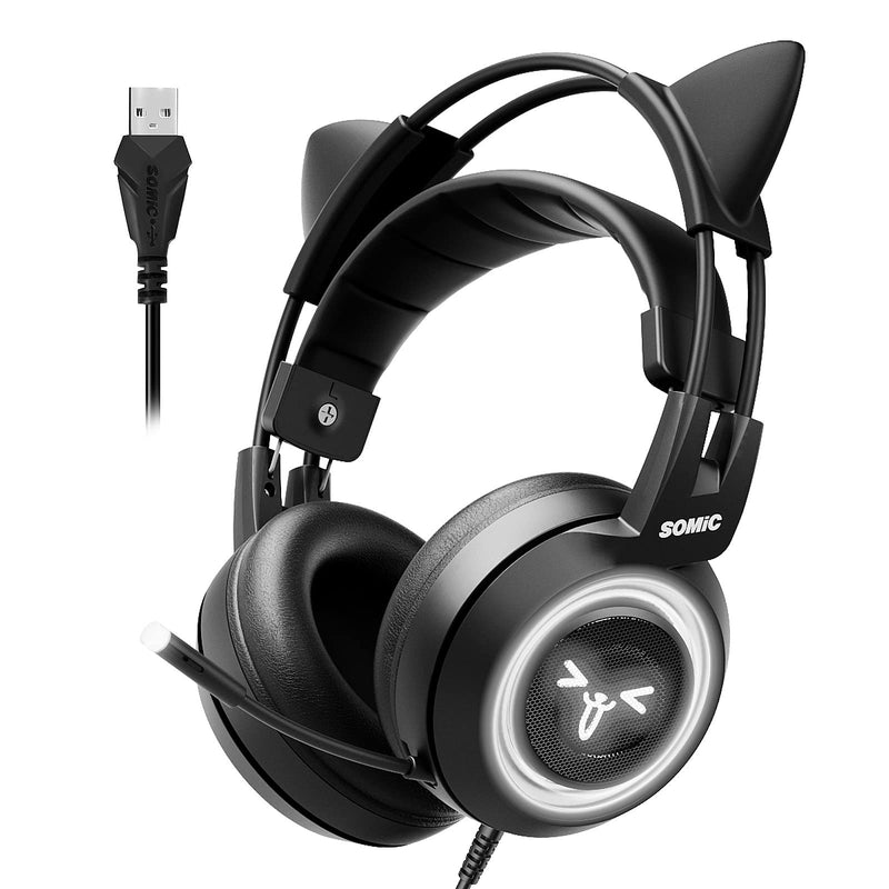  [AUSTRALIA] - SOMIC G951black Gaming Headset for PC, PS4, Laptop: 7.1 Virtual Surround Sound Detachable Cat Ear Headphones LED, USB, Lightweight Self-Adjusting Over Ear Headphones Black