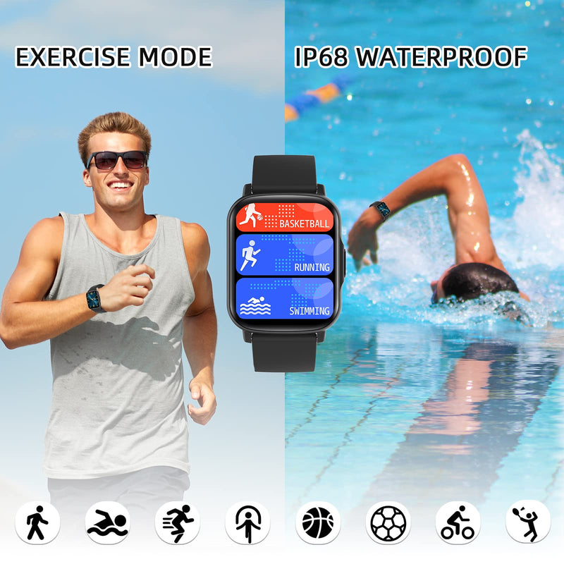  [AUSTRALIA] - Smart Watch, Men Women Kids Smartwatch for Android and iPhone Compatible Samsung, 1.7-inch IP68 Swimming Waterproof Activity Tracker, GPS Sports Fitness Tracker with Heart Rate Monitor, Blood Oxygen Black