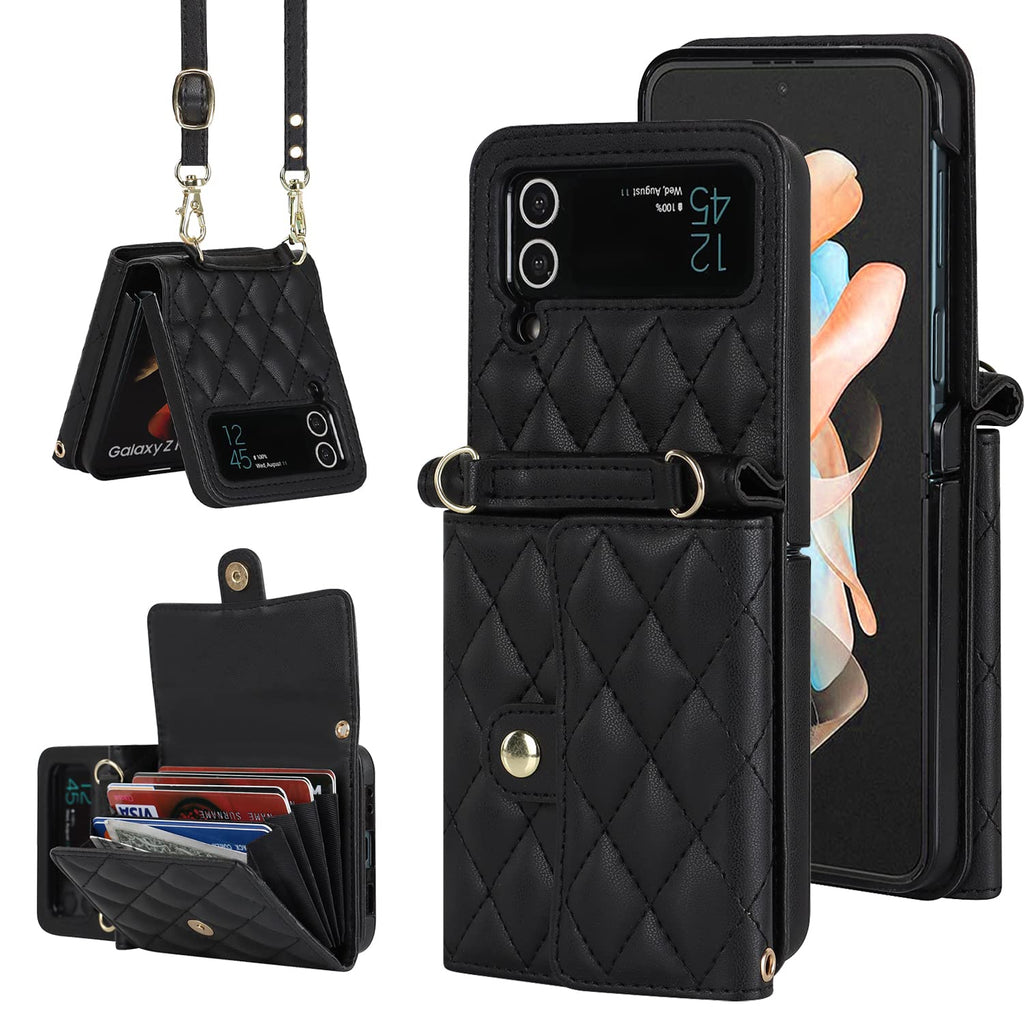  [AUSTRALIA] - XIMAND for Samsung Galaxy Z Flip 3 Accordion Crossbody Wallet Case, 4 Card Slots, RFID Blocking, and Adjustable Strap - Stylish and Versatile Accessory for The Modern, Chic Woman (Black) Black