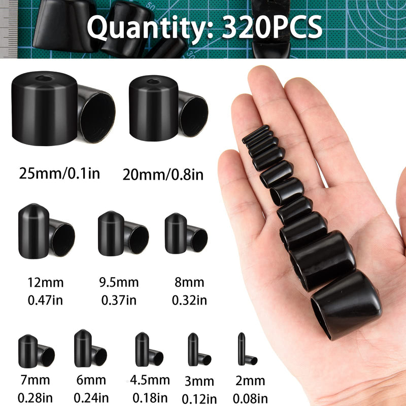  [AUSTRALIA] - 320 Pieces Rubber End Caps Black Round Vinyl End Caps Bolt Screw Covers Caps Rubber Thread Protector Caps Cover in 10 Sizes from 0.08 to 1 Inch Black Caps