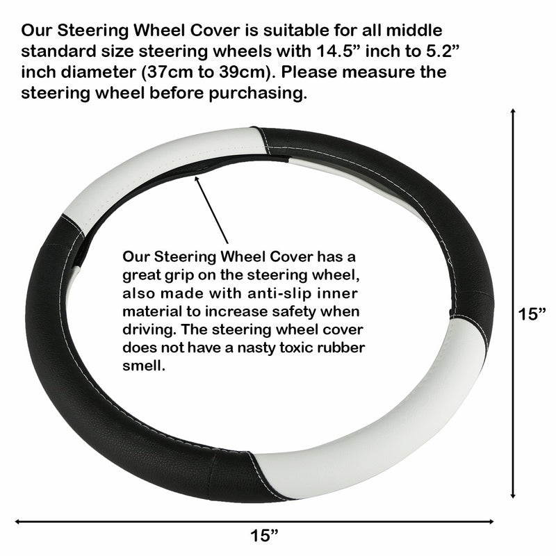  [AUSTRALIA] - lebogner 15" Inch Car Steering Wheel Cover Comfortable, Durable Black and White Microfiber Leather Anti-Slip Auto Steering Wheel Cover with A Universal Fit