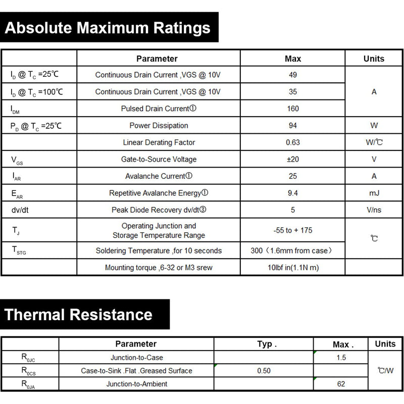  [AUSTRALIA] - DAOKAI IRFZ44N Transistor N-Channel Rectifier Power MOSFET Transistors 55V 49A 3-Pin Transistor Power TO220 for Electronic Experiments (Pack of 20)