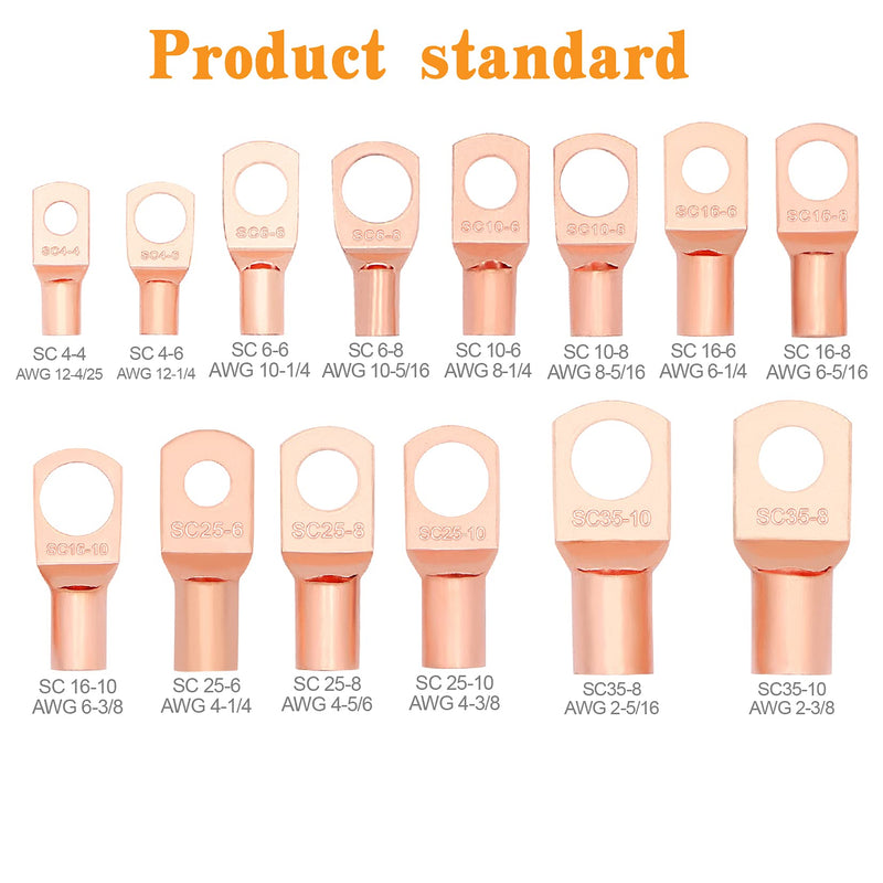  [AUSTRALIA] - 174pcs Copper Battery Cable Ends 14 Sizes Battery Wire Lugs Eyelets Tubular Ring Terminal Connectors SC Terminals for Automotive Supplies AWG2/4/6/8/10/12 Only lugs