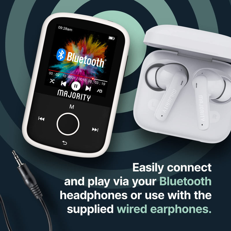  [AUSTRALIA] - MP3 Player with Bluetooth | Portable Music Player with Headphones | Micro SD Card Expandable | Colour Screen, Easy Controls, Lock Button, Sports Clip | Majority 16GB Bluetooth Media Player