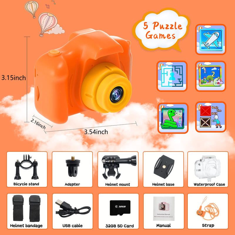  [AUSTRALIA] - YTETCN Kids Waterproof Camera for Girls & Boys Age 3-8, Underwater Camera for Kids with 32 GB SD Card, 1080P HD Video Camera for Todder, Birthday & Christmas Gifts for 3 4 5 6 7 8 Years Old (Orange) Orange