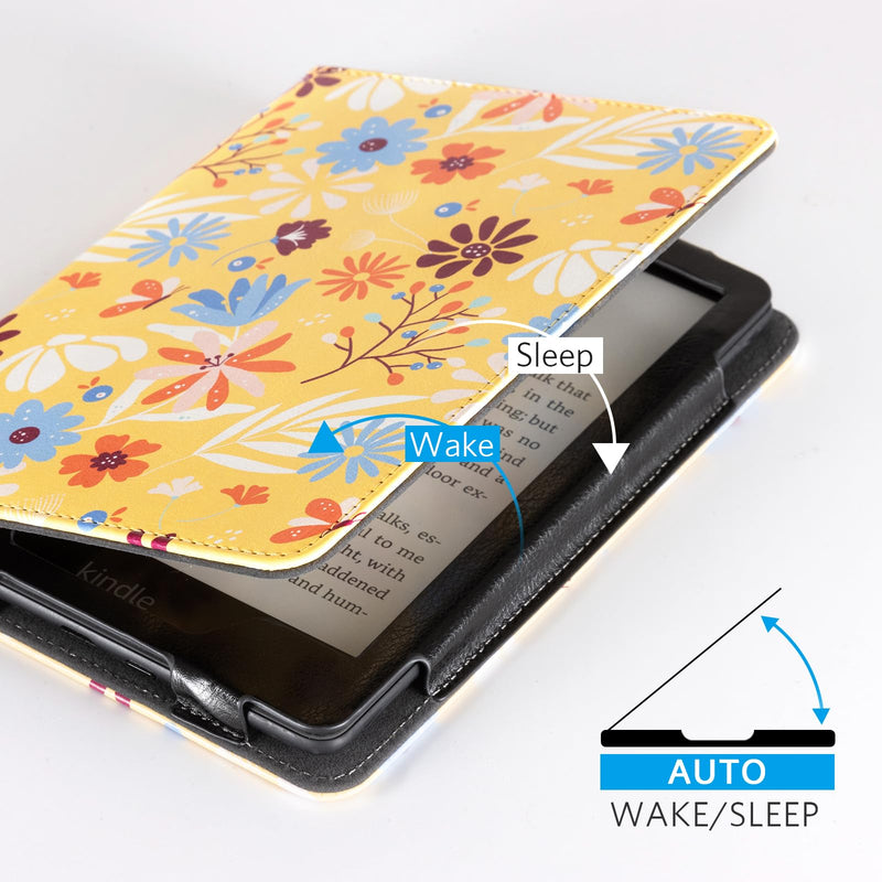  [AUSTRALIA] - CoBak Case for Kindle Paperwhite - All New PU Leather Cover with Auto Sleep Wake, Hand Strap, Card Slot for Kindle Paperwhite Signature Edition and Kindle Paperwhite 11th Generation 2021 Released ***Yellow flower