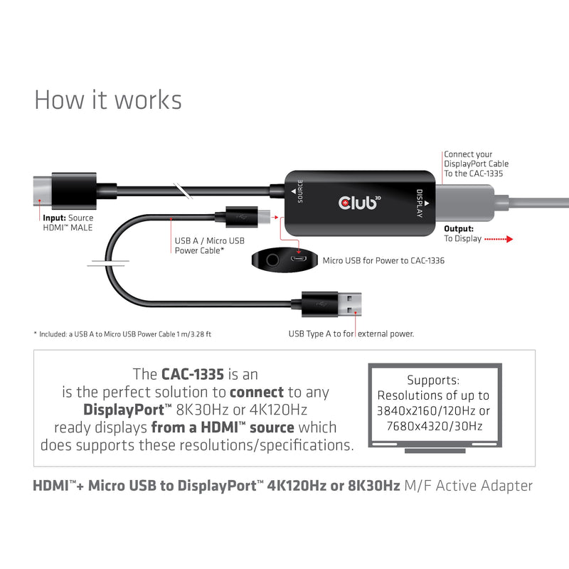  [AUSTRALIA] - Club 3D 4K 120Hz or 8k30Hz HDMI to DisplayPort Video Adapter w/USB Power - HDMI 2.1 (Male) to DP 1.4 (Female) Active Monitor Converter (CAC-1335)