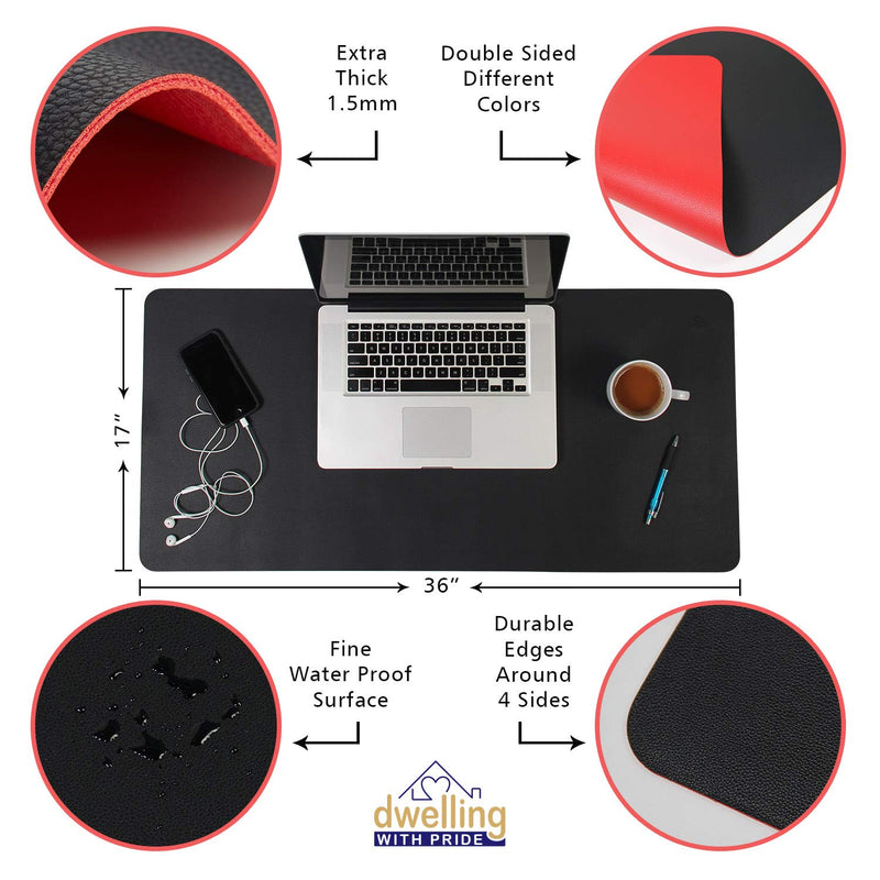 Desk Mat Black & Red 17x36 - Computer, Laptop, Keyboard & Mouse Pad Organizer - Leather Cover Office Table Protector - Double Side Gaming Surface with Colors - Typing & Writing Accessories - LeoForward Australia