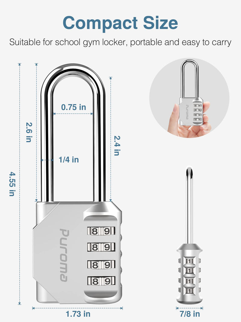  [AUSTRALIA] - Puroma 2 Pack 2.6 Inch Long Shackle Combination Lock 4 Digit Outdoor Waterproof Padlock for School Gym Locker, Sports Locker, Fence, Gate, Toolbox, Case, Hasp Storage (Silver) Silver