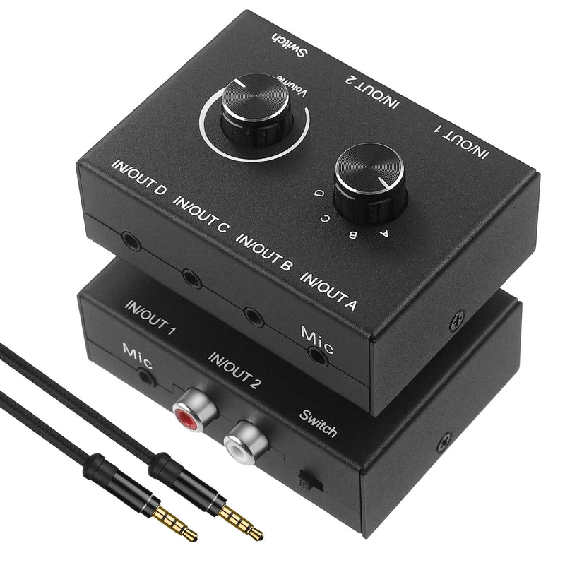  [AUSTRALIA] - 4 Port Audio Switch, 3.5mm Audio Switcher Stereo AUX Audio Selector 4 Input 1 Output/1 Input 4 Output Audio Splitter Switcher, 4 Channel Switch knob, No External Power Require Supports Voice Call