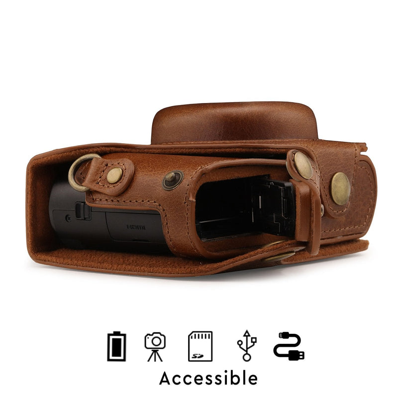  [AUSTRALIA] - MegaGear Ever Ready Genuine Leather Camera Case Compatible with Panasonic Lumix DMC-ZS100, DC-ZS200 Brown