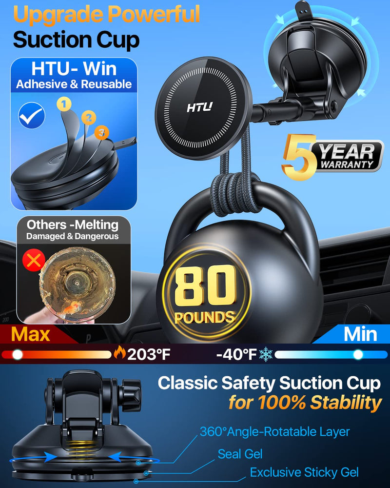  [AUSTRALIA] - HTU【Upgrade Magnet】for Magsafe Car Mount,【360°Suction Cup & Alloy Telescopic Arm】Handsfree Powerful Magnetic Cell Phone Holder for Car Dashboard Windshield, for iPhone 14 13 12 Pro Max Mini All Phone Black