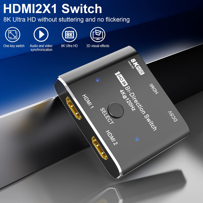  [AUSTRALIA] - CABLEDECONN HDMI 2.1 Ultra 8K HD Bi-Directional Mini Switch 8K@60Hz 4K@120Hz HDR 1in 2out 2in 1out High Speed 48Gbps Splitter(Singal Display) Converter Compatible with Xbox X PS5 Aluminum Shell