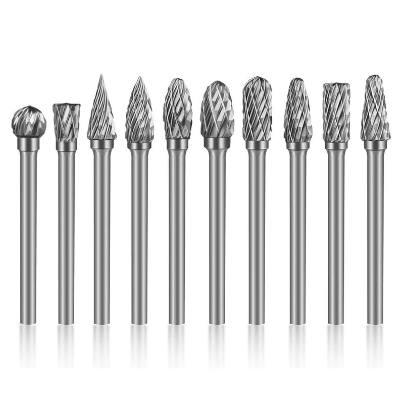 Canitu 10Pcs Rotary Burr Set Tungsten Steel Carbide Burrs Double Cut Die Grinder Bits Rotary Tool Accessories for Wood Carving Tools, Metal Engraving, Polishing, Drilling | 1/8" Shank, 1/4" Head - LeoForward Australia