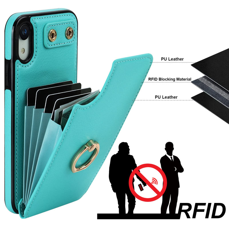  [AUSTRALIA] - Folosu Compatible with iPhone XR Case Wallet with Card Holder, 360°Rotation Finger Ring Holder Kickstand Protective RFID Blocking PU Leather Double Buttons Flip Shockproof Cover 6.1 Inch Mint Green