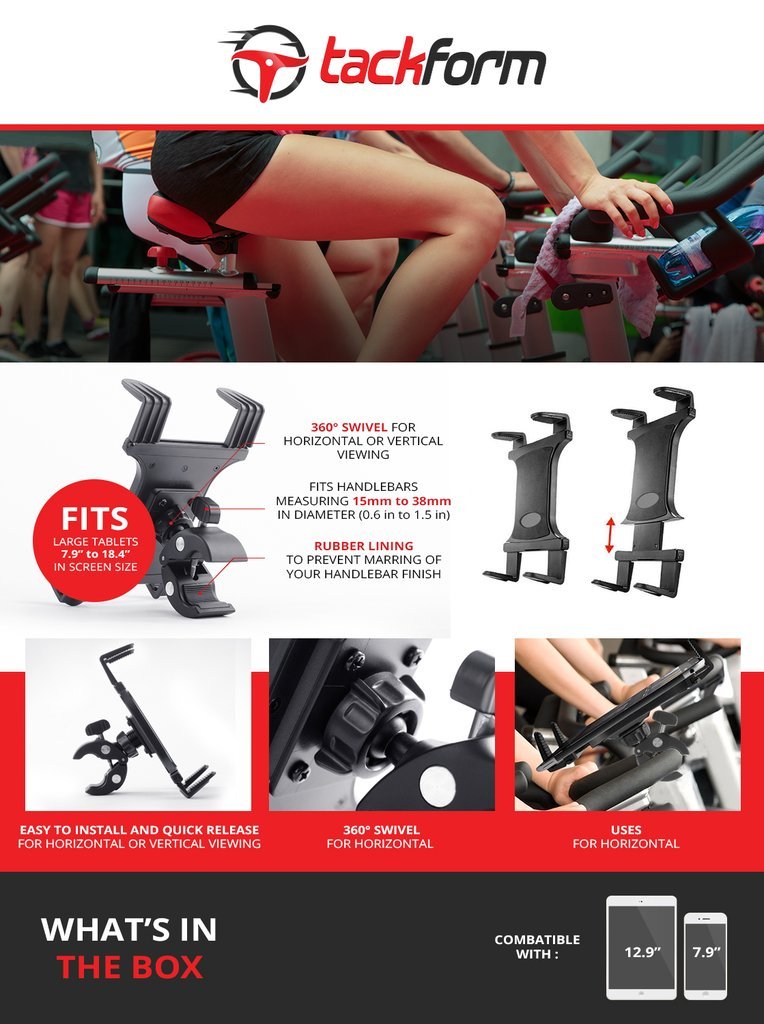  [AUSTRALIA] - TACKFORM Universal Tablet Holder Compatible with Stationary Bicycle, Treadmill, Elliptical, Spin Bike, Microphone Stand, and Indoor Exercise Equipment - Compatible All Tablets Including iPad