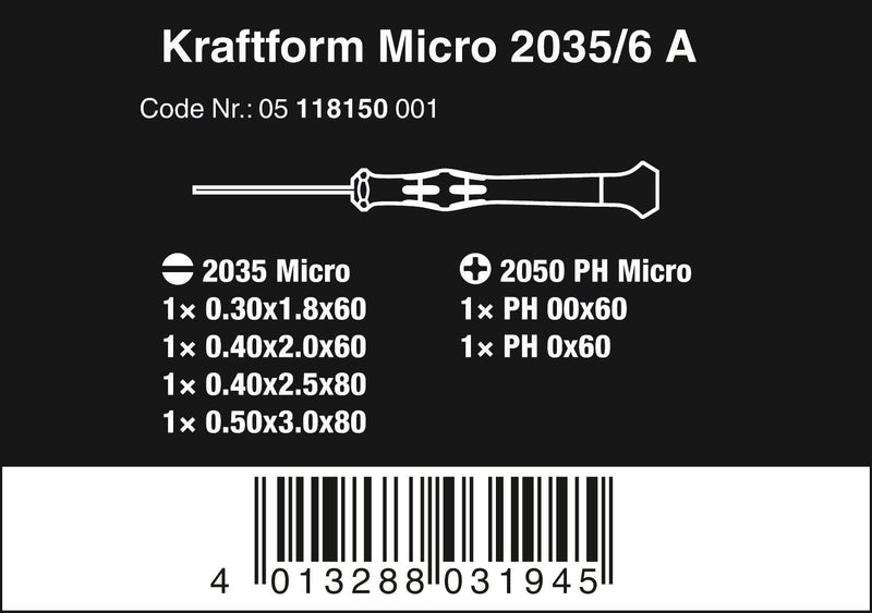  [AUSTRALIA] - Wera 2035/6 A Kraftform Micro Slotted/Phillips Electronics Screwdriver Set and Rack, 6-Pieces Slotted: 1.8x60mm, 2x60mm, 2.5x80mm, 3x80mm. Phillps: 00x60mm, 0x60mm