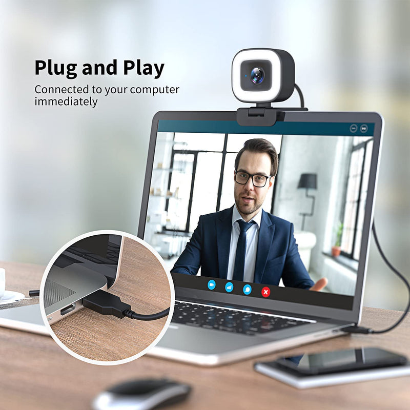  [AUSTRALIA] - 60FPS Webcam with Ring Light, Auto-Focus 1080P Web Camera with Dual Microphone and Privacy Cover，Streaming Webcam for YouTube, Skype, Zoom, Twitch, OBS, Xsplit and Video Calling