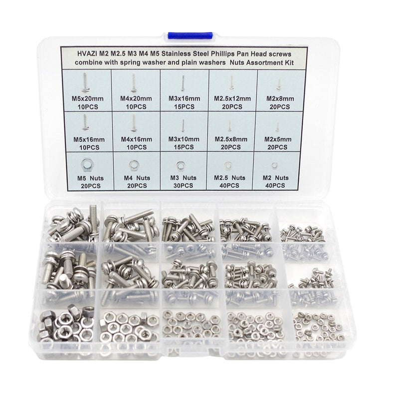  [AUSTRALIA] - HVAZI M2 M2.5 M3 M4 M5 Stainless Steel Phillips Pan Head Screws Combine with Spring Washer and Plain Washers Nuts Assortment Kit