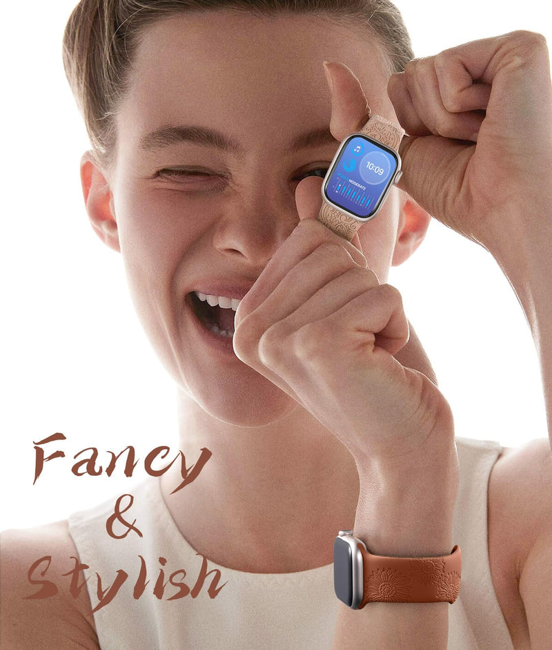 [AUSTRALIA] - Odbeai 2Pack Cute Fancy Engraved Bands Compatible for Apple Watch Band 40mm 41mm 38mm 42mm 44mm 45mm 49mm Women, Soft Silicone Strap for iWatch Bands All Series 8 7 6 5 4 3 2 1 SE Ultra, Multi-pattern B-Milk Tea+Caramel 38mm/40mm/41mm
