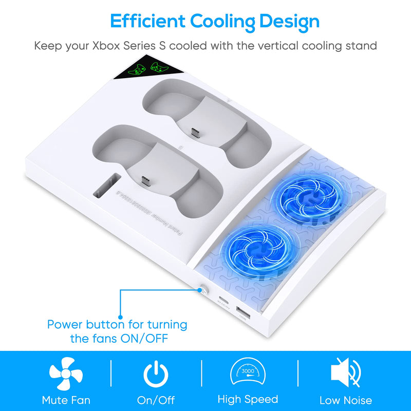 Upgraded Vertical Cooling Fan Stand for Xbox Series S, Cooler Fan System Dual Controller Charging Dock Station with 2 x 1400mAh Rechargeable Battery Pack, Headphone Bracket for Xbox Series S (White) White - LeoForward Australia