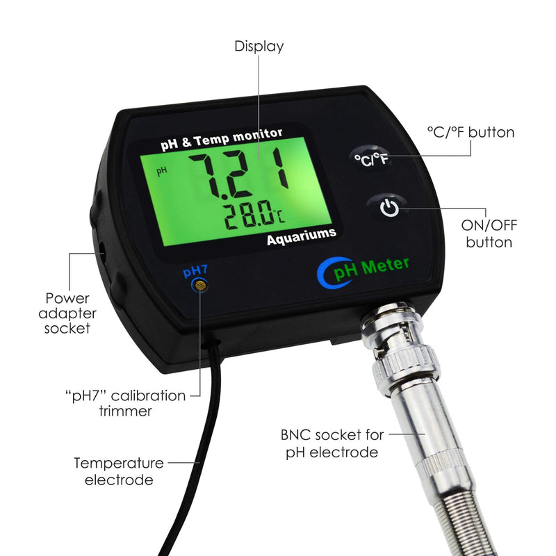 PH & Temperature 2-in-1 Continuous Monitor Meter w/Backlight Replaceable Electrode, Dual Display 0.00~14.00pH °C/ °F Water Quality Monitoring Kit, for Aquariums Hydroponics Pools Tanks Spa - LeoForward Australia