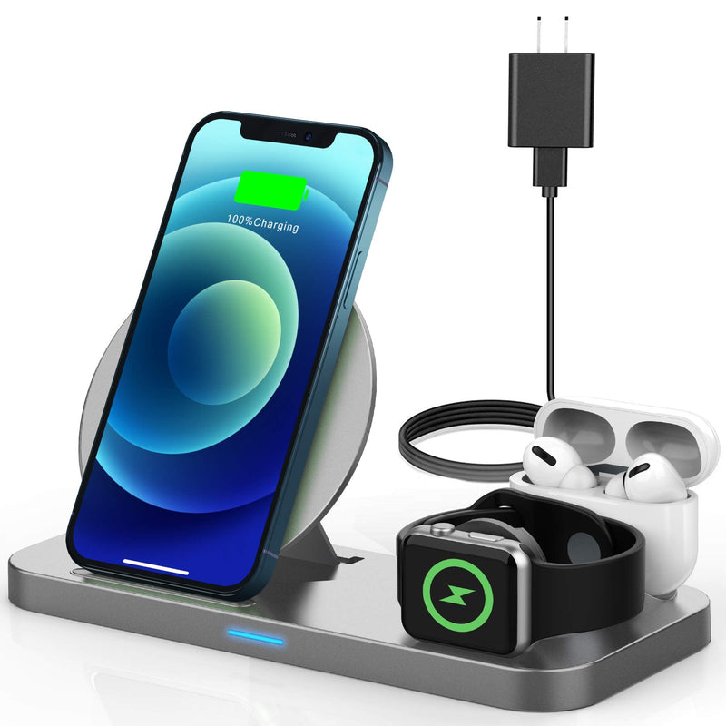  [AUSTRALIA] - Wireless Charging Station for Apple Products, 3 in 1 Wireless Charger Charging Stand Compatible with Apple Watch and Airpods Pro, 2, Fast Charging Dock for iPhone 12 pro, 11, Xs max, Xr, X, 8 Grey 3IN1