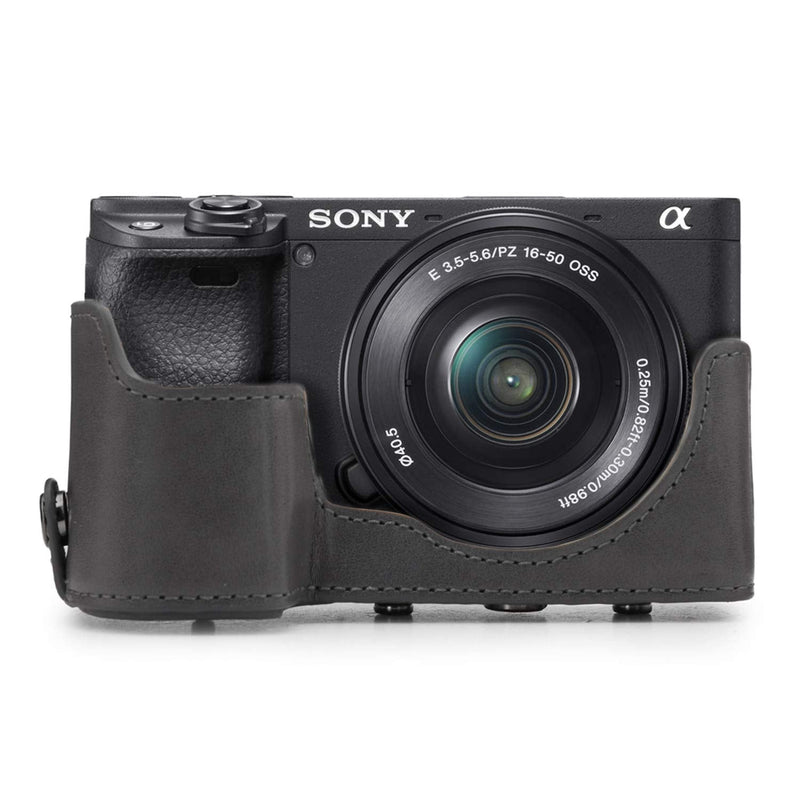  [AUSTRALIA] - MegaGear Ever Ready Leather Camera Case Compatible with Sony Alpha A6100, A6400 (18-135mm) Grey