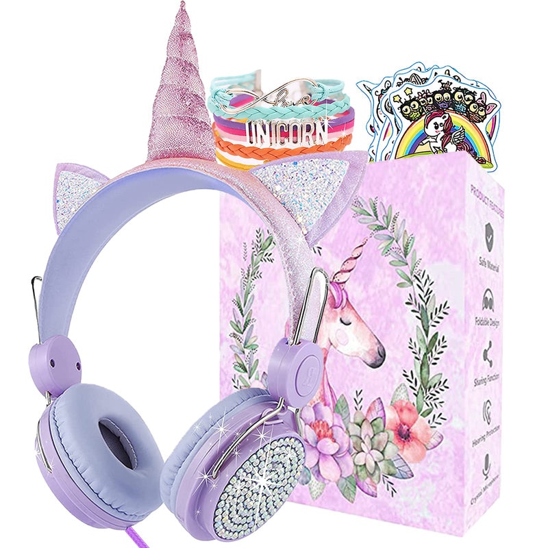  [AUSTRALIA] - 𝟐𝟎𝟐𝟑 𝐍𝐞𝐰 Kids Unicorns Headphones with Mic for Travel/Car/Plane,Added 85DB Limit Function&Shareport,Unicorns Gifts for Girls,On/Over Ear HD Stereo Wired Headsets with Nylon Cable-Purple purple2