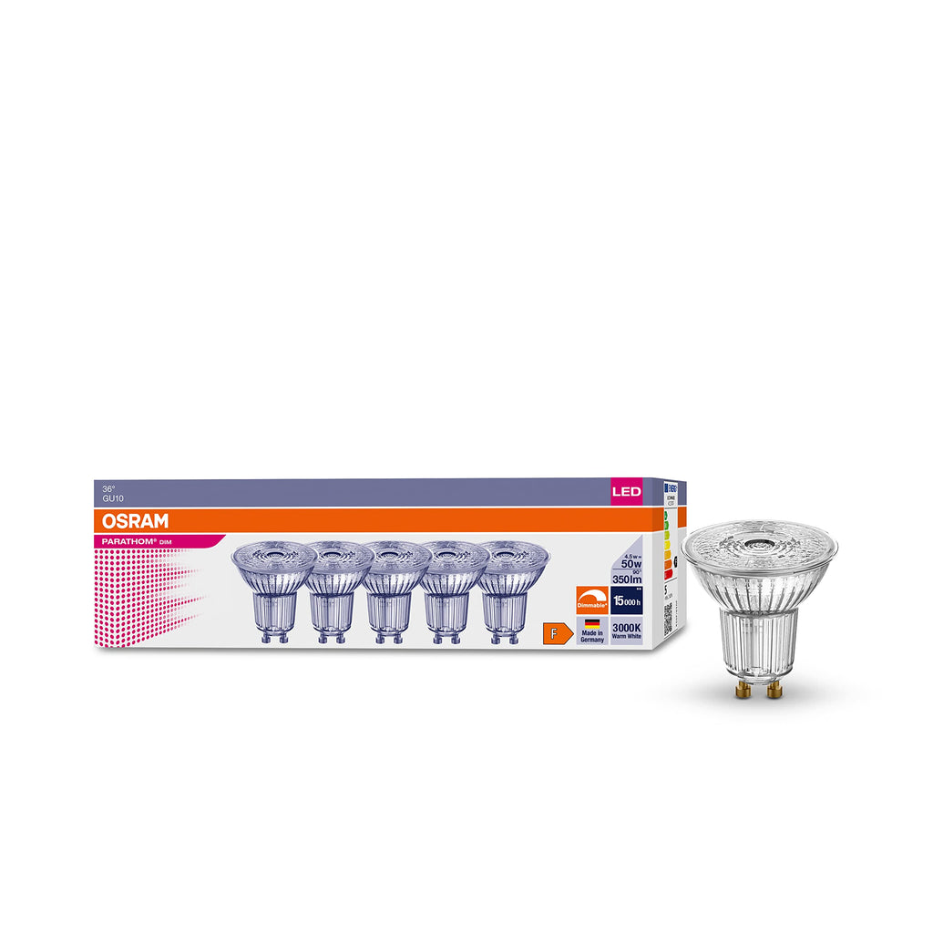 [AUSTRALIA] - OSRAM dimmable LED reflector lamps with GU10 base | energy saving, 50W replacement, very long service life (15,000 H), beam angle 36°, warm white | PAR16 50 36° 4.5W/3000K GU10 in 5-pack Warm White 5-pack 50w replacement
