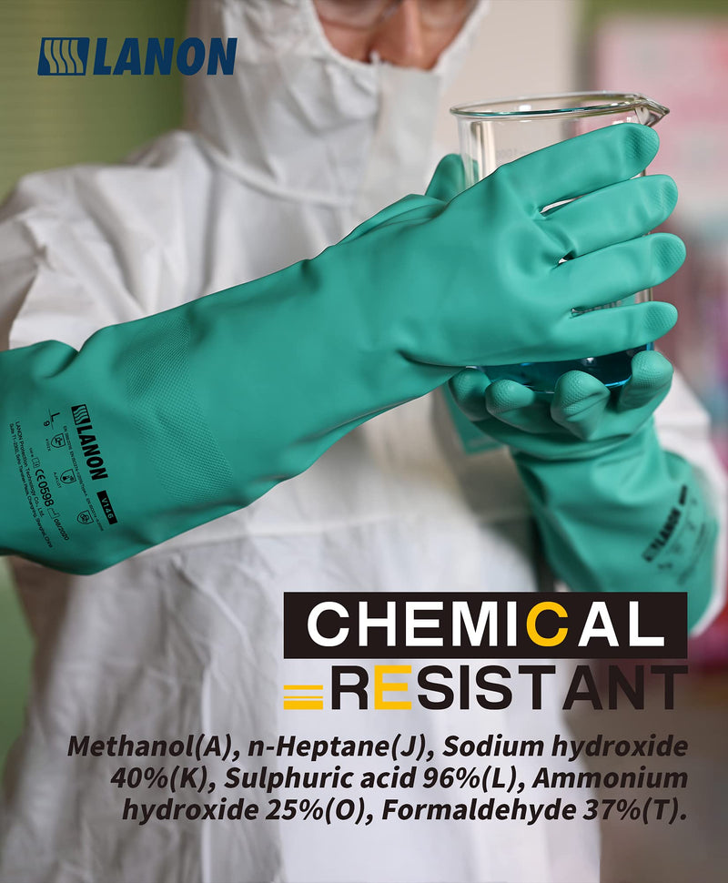  [AUSTRALIA] - LANON Nitrile Chemical Resistant Gloves, Reusable Heavy Duty Safety Work Gloves, Acid, Alkali and Oil Protection, 18" Length, Non-Slip, Large Large (Pack of 1)