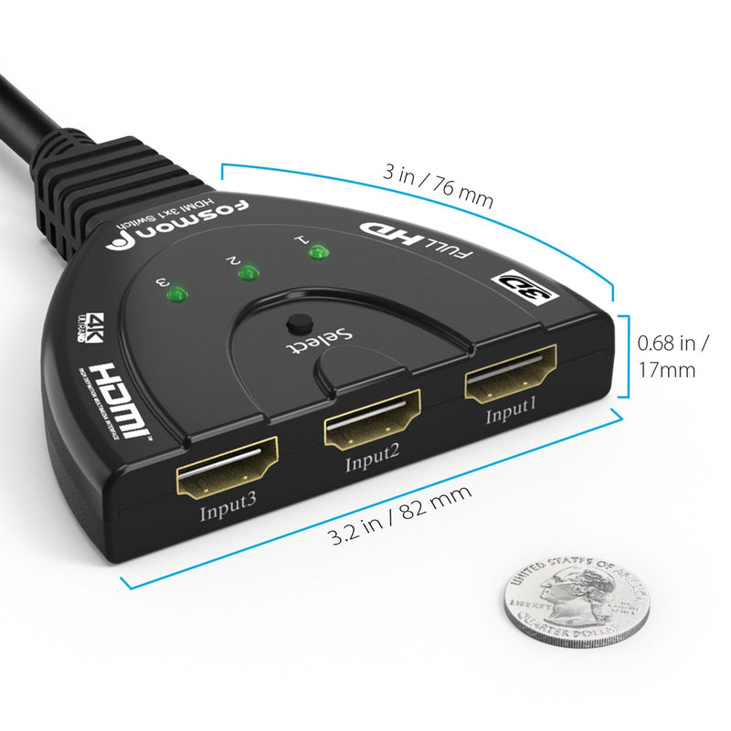  [AUSTRALIA] - Fosmon 3-Port 4K HDMI Switch, 3x1 Switcher (Automatic Switching) Support Ultra HD, HDCP, 4K HDMI Splitter Hub Compatible with Apple TV 4K PS5 Xbox Roku Fire TV Stick HDTV Chromecast