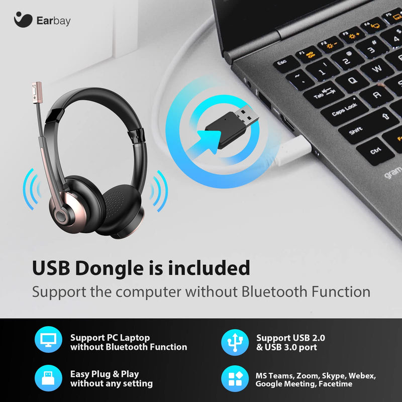  [AUSTRALIA] - Wireless Headset with Microphone, Bluetooth Headset with Noise Canceling Mic & USB Dongle, Wireless Headphones with Mute & Charge Dock for Phone PC Computer Office Work Meetings Call, Pink Gold