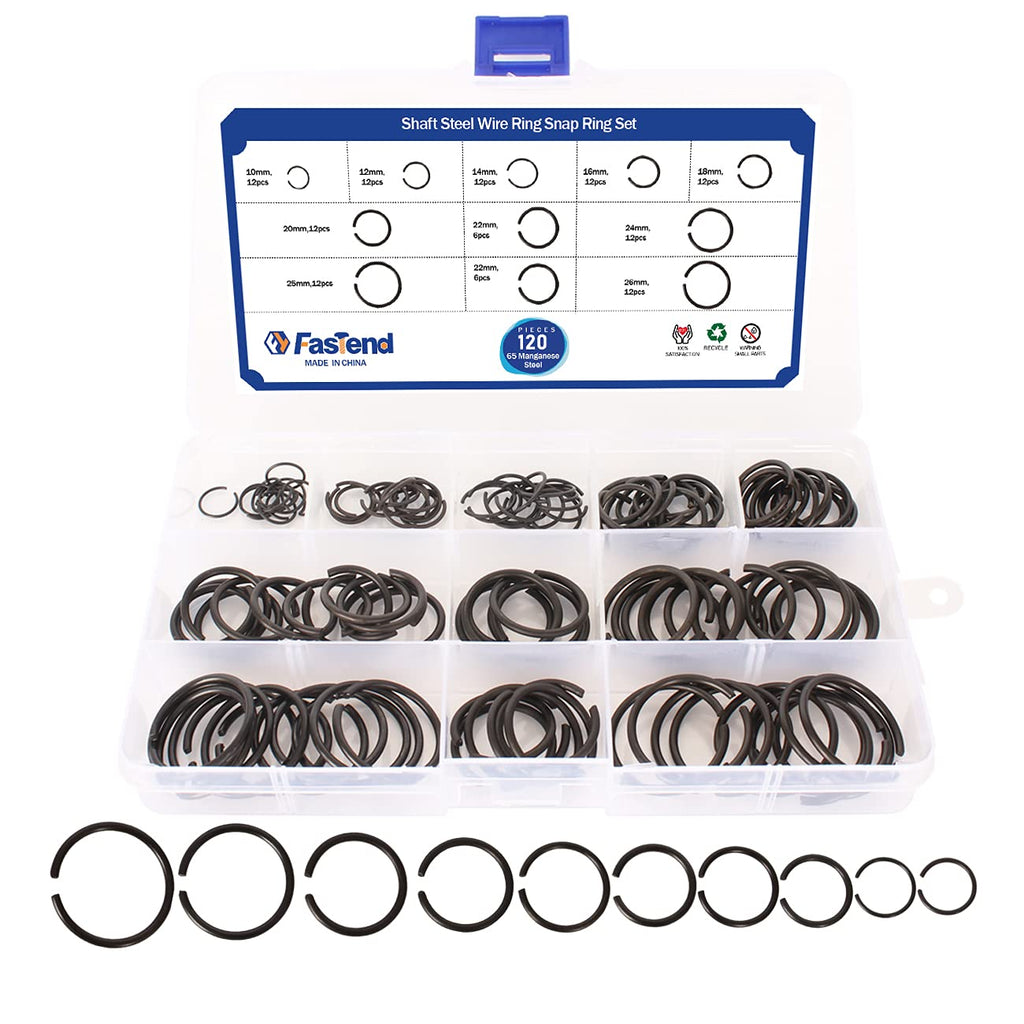  [AUSTRALIA] - Fasttend GB895.2 Φ10-Φ26 Retainer Clip 65Mn Shaft Steel Wire Ring Snap Ring Set,Bearing Stop Ring Assortment Kit,Round Wire Snap Rings for Shafts,120Pcs