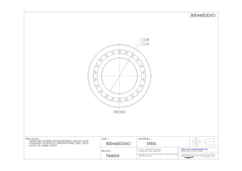  [AUSTRALIA] - Timken 392 Tapered Roller Bearing, Single Cone, Standard Tolerance, Straight Bore, Steel, Inch, 2.4375" ID, 0.8660" Width