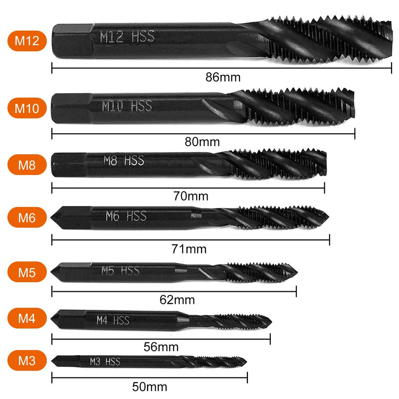  [AUSTRALIA] - 7 piece tap set, HSS 6542 nitriding metric spiral groove drill machine tap tap set M3 M4 M5 M6 M8 M10 M12 for metal wood drill