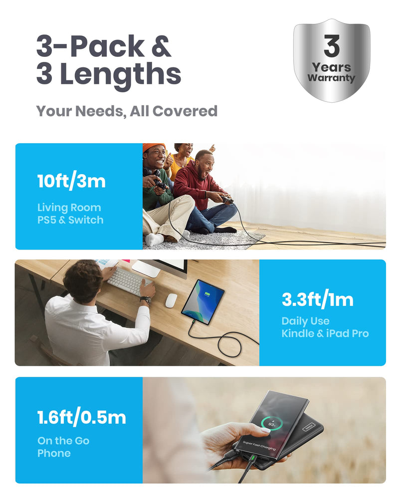  [AUSTRALIA] - USB C Cable, INIU [3 Pack 3.1A] QC 3.0 Type C Charger Fast Charging Cable, Nylon Braided (1.6+3.3+10ft) USB A to USB-C Phone Charger Cord for Samsung Galaxy S21 S20 S10 Plus Note 20 10 LG Google Pixel