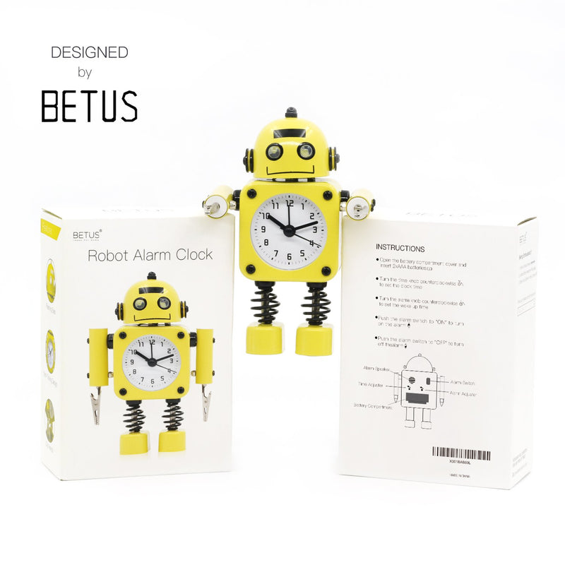  [AUSTRALIA] - Betus Non-Ticking Robot Alarm Clock Stainless Metal - Wake-up Clock with Flashing Eye Lights and Hand Clip (Yellow) Yellow