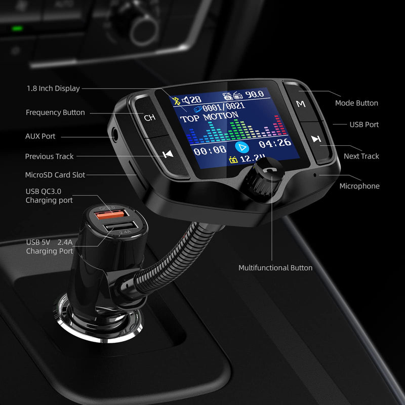  [AUSTRALIA] - Nulaxy Bluetooth FM Transmitter, Wireless Radio Adapter Hands-Free Car Kit with 1.8 Inch Display, QC 3.0 & 5V/2.4A, USB Drive & SD Card Aux in & Out