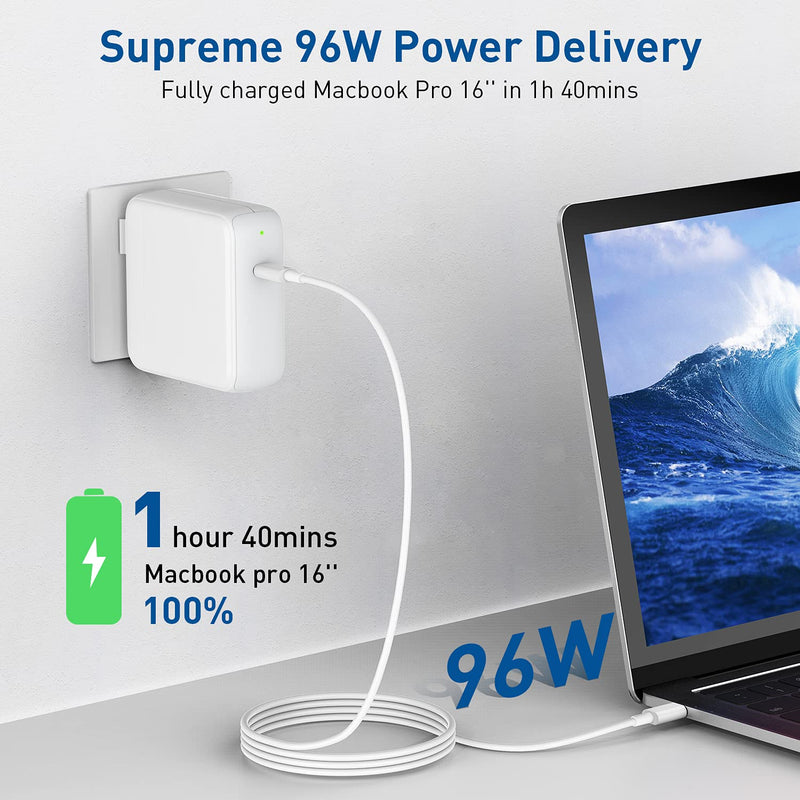 96W USB-C Power Adapter Charger for Mac Book Pro 16/15/13 inch 2018/2019, MacBook Air 2020 New 13inch, iPad Pro 12.9 11 inch 2020/2018, Galaxy, Pixel, Thunderbolt 3 Port, LED, 6.6ft 5A USB-C to C Cord 96W Macbook pro charger-white - LeoForward Australia